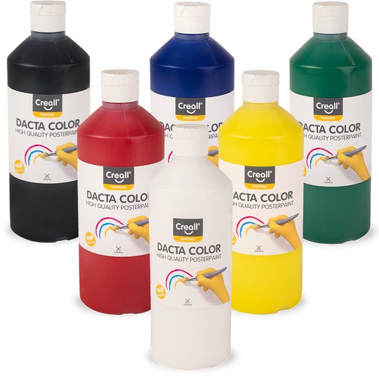 Cinq bouteilles de peinture poster Creall Dacta Color rouge, noir, bleu, jaune et vert, avec une bouteille blanche au centre.