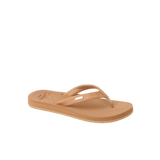 Bruine dames teenslipper met gekreukelde band en Reef logo. Tekst 'Cushion by Reef'.