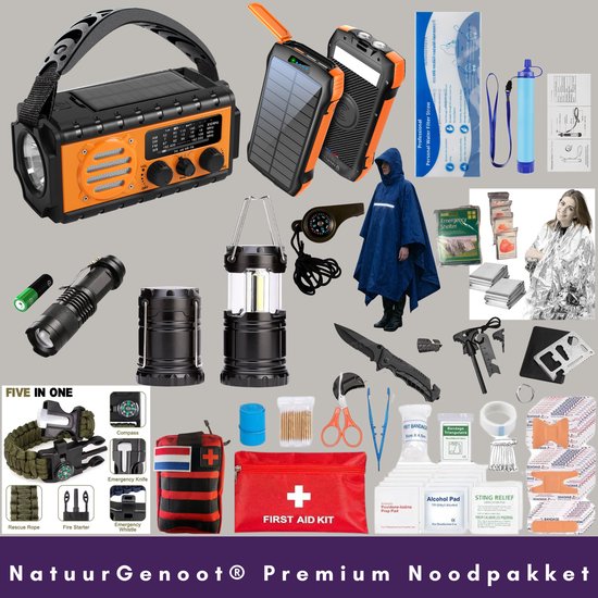 NatuurGenoot® Noodpakket – Compleet 101 delig Familie Overlevingspakket – 72 Uur – Stroomuitval & Noodsituaties – Noodradio 20.000mAh – Waterfilter 3000L – Powerbank 10.000mAh