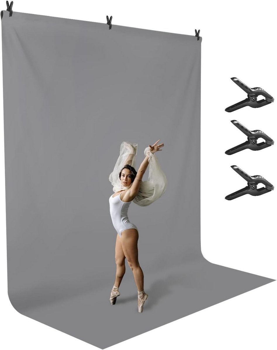 Fotografie Achtergrond Grijs (274x457 cm) - Inclusief 3 Sterke Achtergrondklemmen