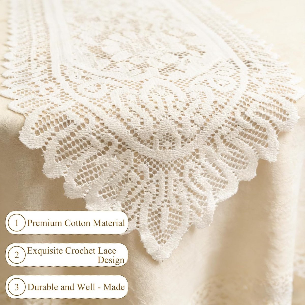 2 Stuks Katoenen Gehaakte Rechthoekige Tafelloper Dressoir Sjaal Doilies Beige