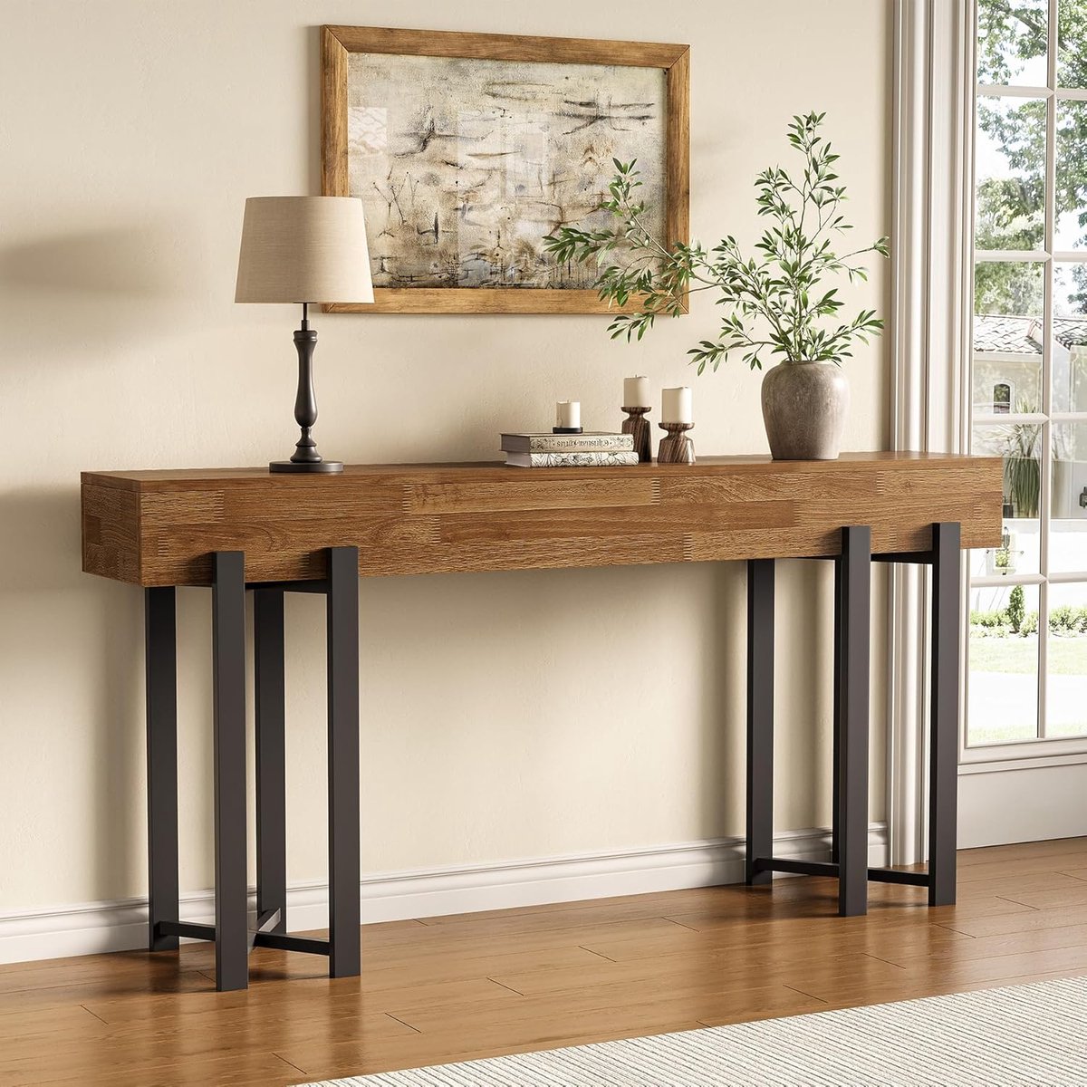 LITTLE TREE 160 cm Smalle Landhuis Stijl Consoletafel – Ruimtebesparend Voor Hal & Woonkamer – Als Banktafel, Bureau Met Metalen Frame – Rustiek Bruin