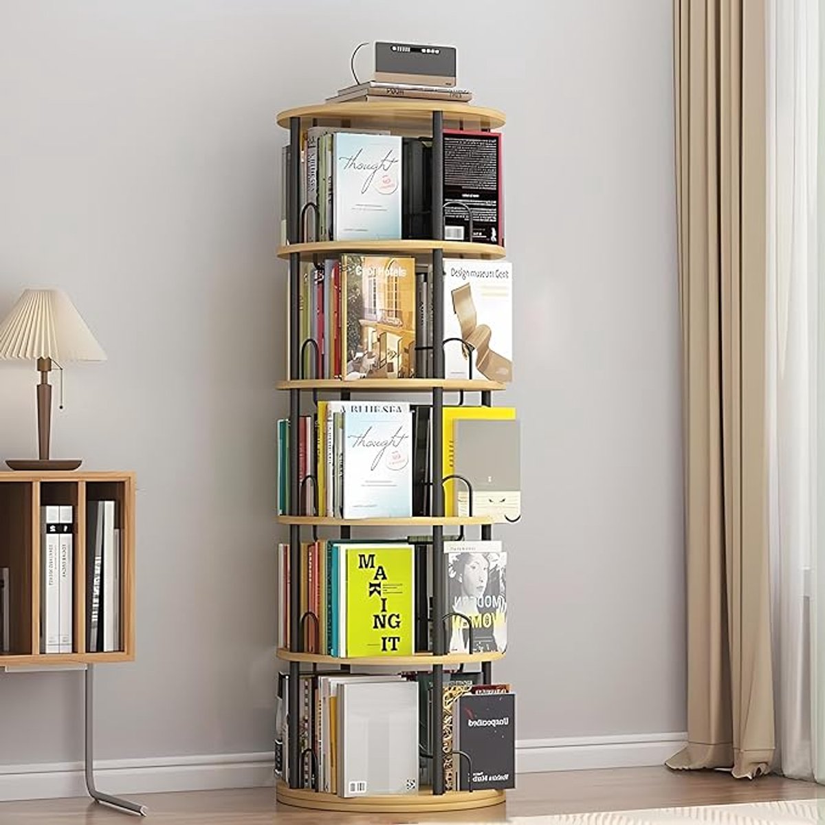 Azomor® 360° Draaibare Boekenkast – 5 Niveaus – Ronde Houten Boekentoren – Staand Opbergrek – Voor Kinderkamer, Woonkamer & Slaapkamer
