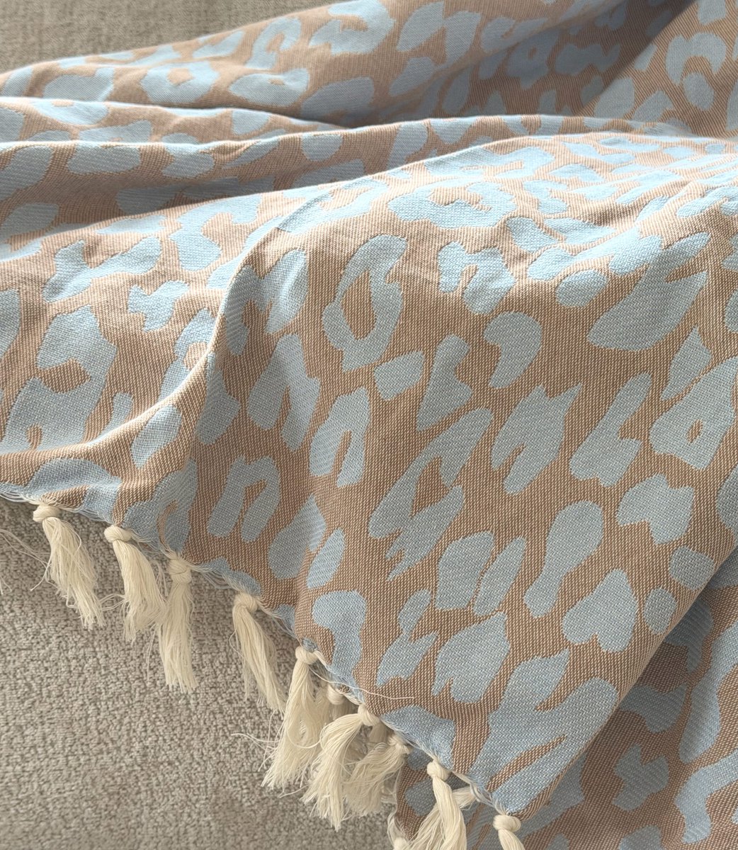 Lantara Panter - Sprei Plaid - Caramel Bruin Blauw - 150x250cm - Gerecycled Katoen - Panterprint