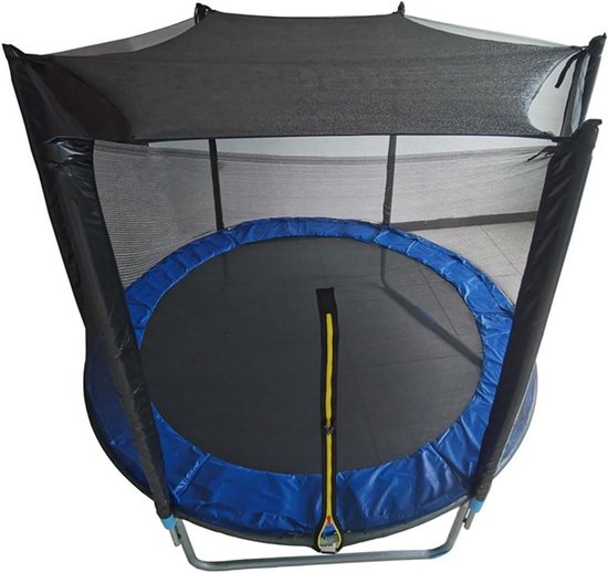 Trampoline met zwart zonnescherm, zicht van bovenaf.