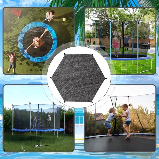 Collage van gezinnen die trampoline springen, met een centraal beeld van het grijze zonnescherm.