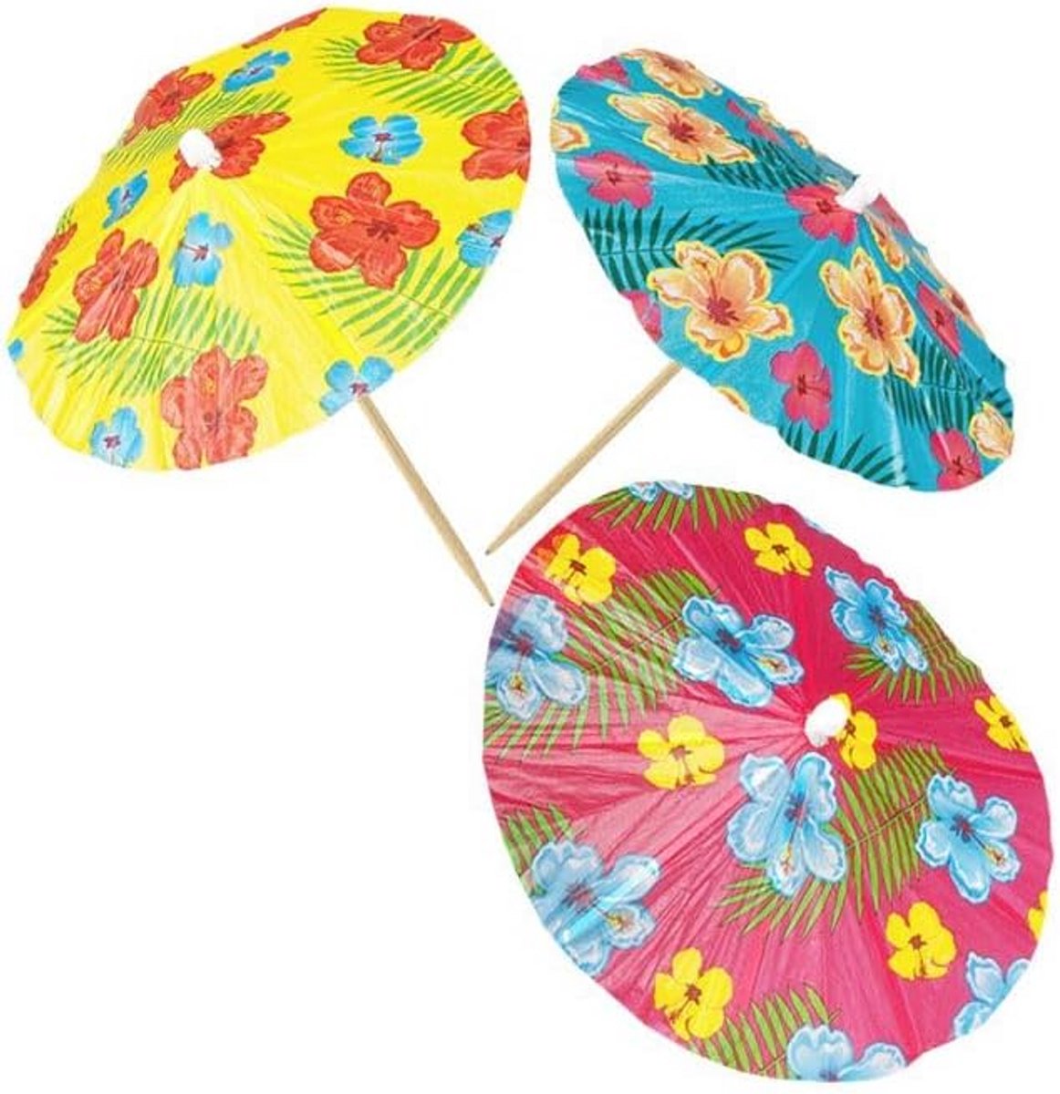 6x Cocktail Parapluutjes Houten Prikker - Hawaii Bloemen Drankdecoratie