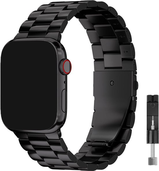 Mat zwart Apple Watch bandje met sluiting en een tool om de band in te stellen.