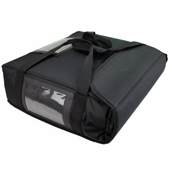Sac isotherme noir avec poignées et fenêtres transparentes sur les côtés.