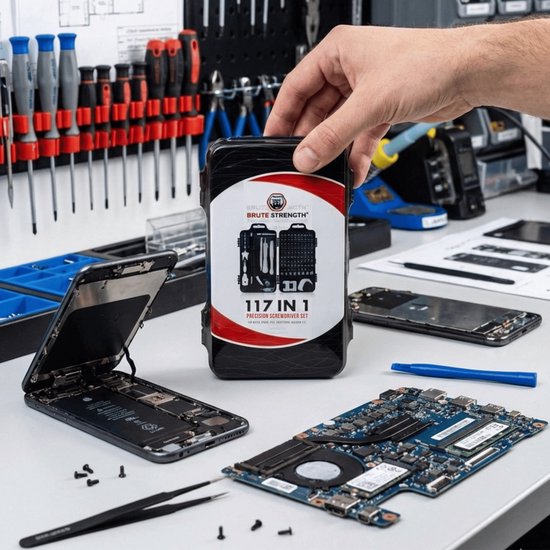 Een hand houdt de gesloten Brute Strength 117-delige precisieschroevendraaierset vast, met een telefoon en computeronderdelen op een werkbank.