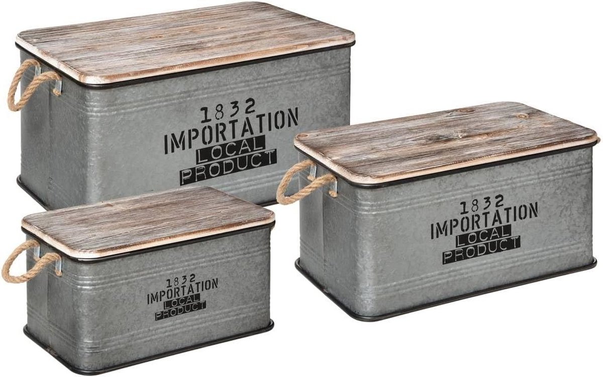 Set van 3 Houten en Metalen Opbergkisten