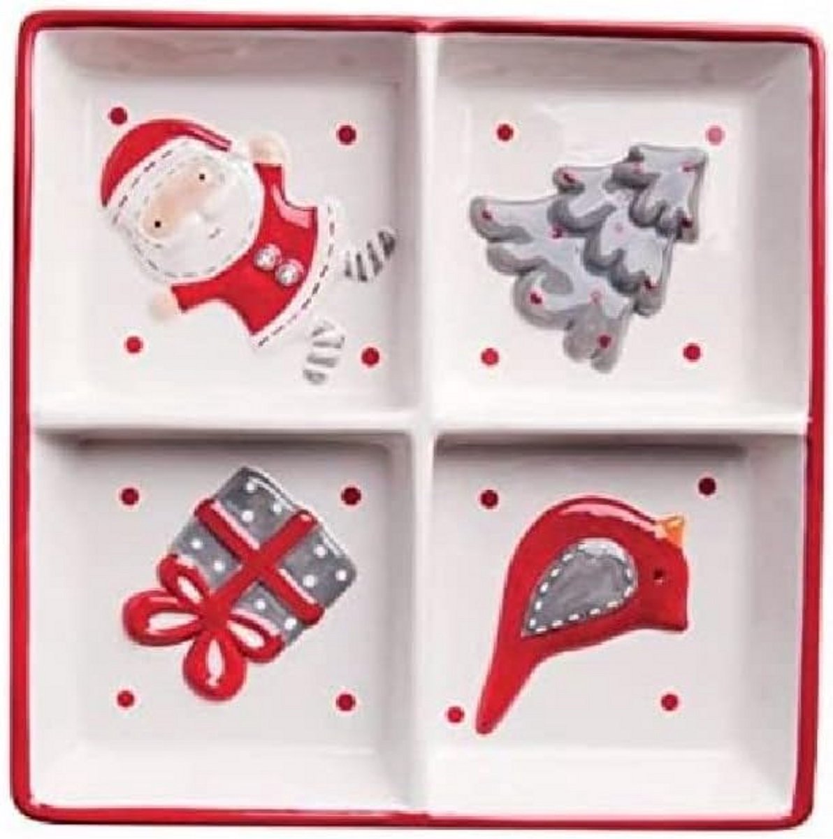 Kerst Bord met 4 Vakken Keramiek Wit Rood Country Style