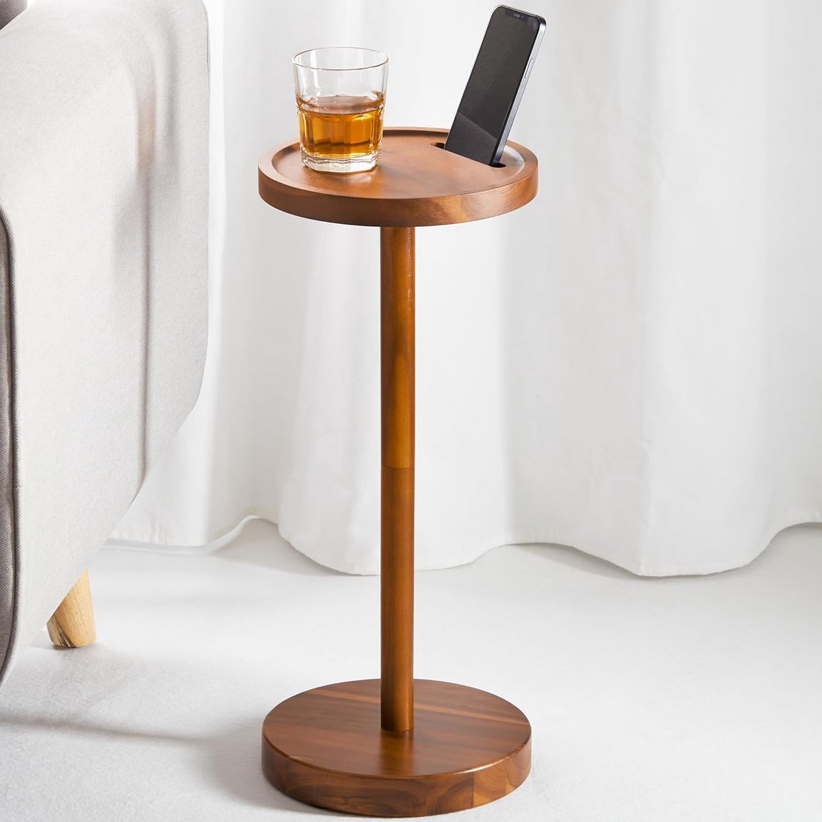 Kleine Ronde Bijzettafel met Telefoonhouder en Verzwaarde Basis