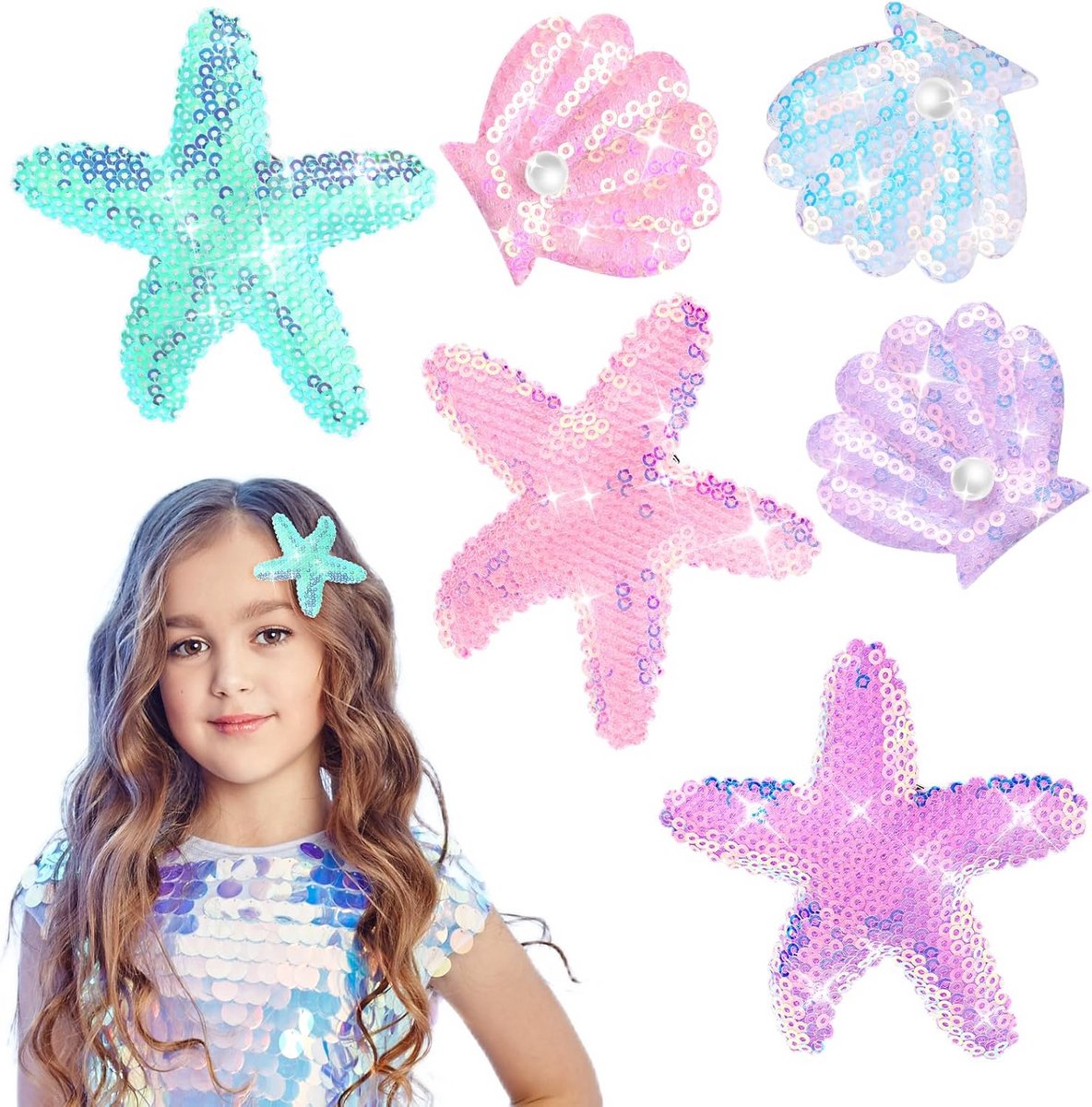 Set van 6 Glitter Zeedieren en Schelp Haarspeldjes voor Dames en Meisjes