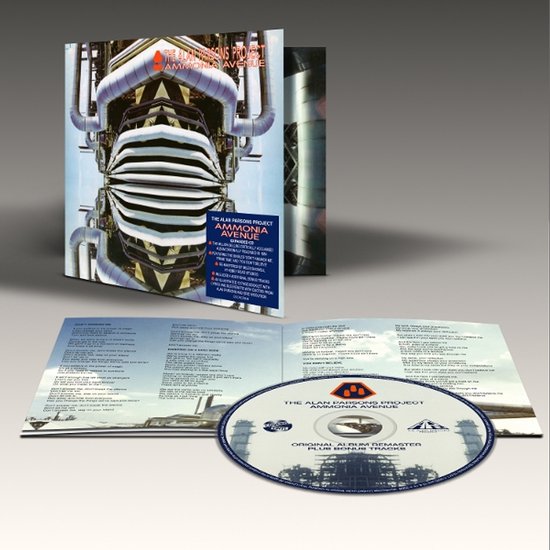 Cd-hoes met spiegelbeeld van pijpleidingen en cd met tekst 'THE ALAN PARSONS PROJECT AMMONIA AVENUE'.