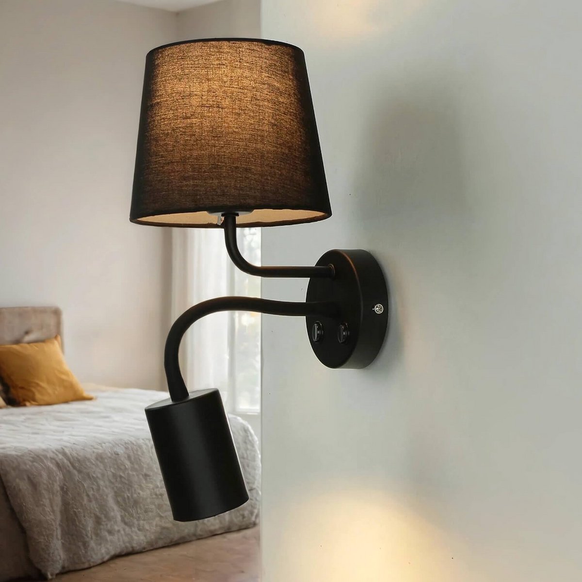 Verstelbare Wandlamp met LED Leesarm - Zwart Metaal met Dubbele Schakelaar voor Slaapkamer en Woonkamer