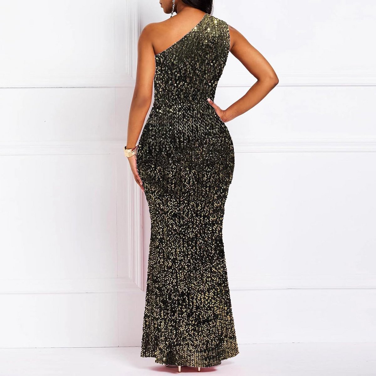 Glitterende Zeemeermin Maxi Jurk Met Schuin Halslijn Voor Dames - Mouwloos & Figuuraccentuerend