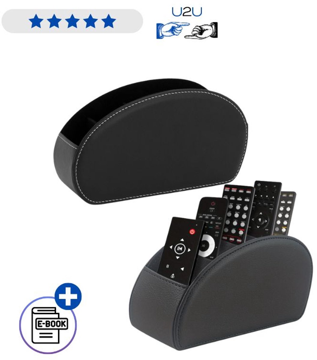 Afstandsbediening Organizer Box Zwart Eco-Leder 5 Vakken Luxe Opbergbox voor Afstandsbedieningen TV Audio Airco Stabiele Basis Modern Design Voor Woonkamer Slaapkamer Kantoor Hotel Compact Formaat Duurzaam Kunstleer Makkelijk Schoonmaken Met Ebook