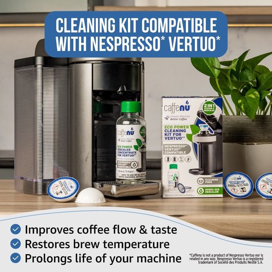 Caffenu Onderhoudsset Koffiemachine Reiniger & Ontkalker voor Nespresso Vertuo - Ontkalker 200 ml (2 Doseringen) + 6 Reinigingscups - Ontkalkingsset - Zorgt voor Warmere Koffie, Betere Smaak en Langere Levensduur Koffiezetapparaat