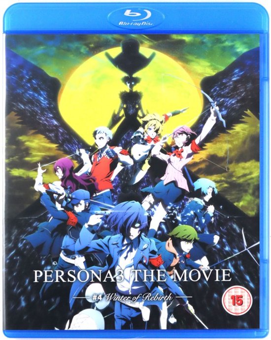 De voorkant van de Persona 3: The Movie 4 Blu-ray hoes met een anime-illustratie van de hoofdpersonages onder een gele maan.