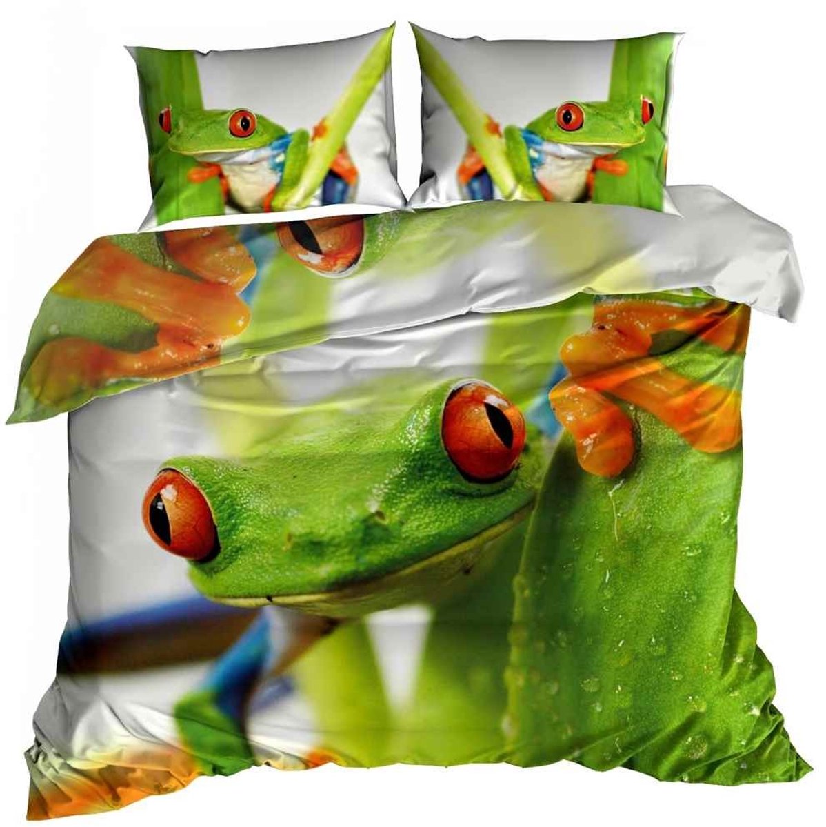 Luxe 3D Dekbedovertrekset - Katoen Satijn - 200x220 cm - Inclusief 2 Kussenslopen 70x80 cm - Design: Groene Kikker - Nature & Wildlife - Groen/Exotisch