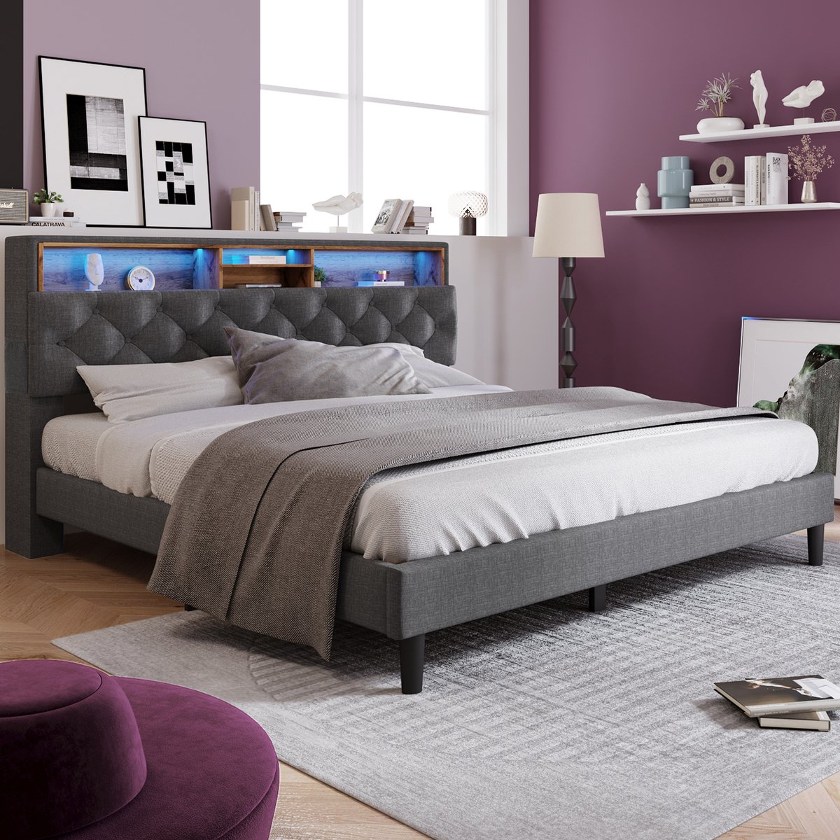 Wishdor Gestoffeerd Bed 140x200 cm – Met Opberghoofdbord & Kleurwisselende LED – Slim & Sfeervol – Massief Hout & Linnen – Grijs