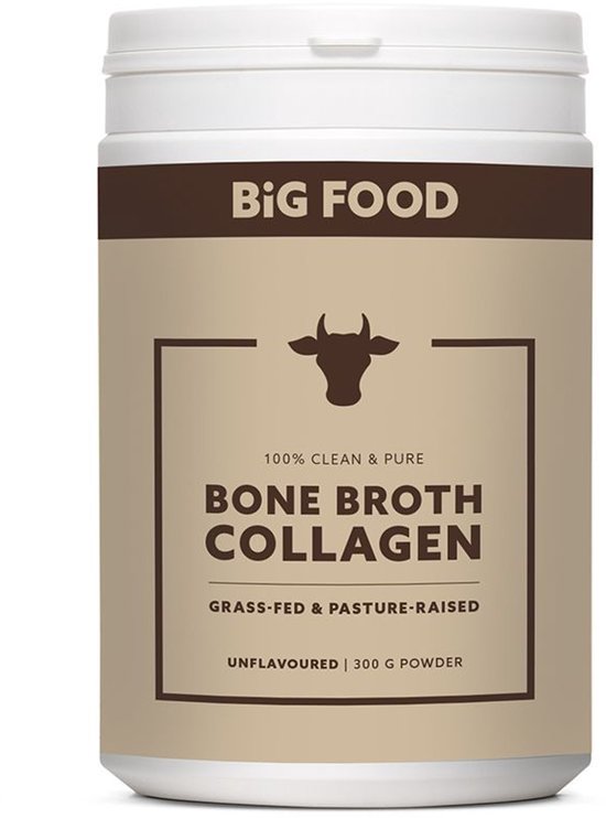 Big Food Bone Broth Collagen, unflavoured 300g poeder, in bruine en beige pot met runder icoon.