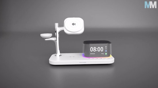 Draadloze Oplader 5-in-1 met Wekker, Bluetooth Speaker & LED Nachtlamp Geschikt voor MagSafe van MMOBIEL – 25W Qi2.2 Magnetische Draadloos Oplaadstation Geschikt voor Smartphone, Smart Watch en Oordopjes – Zwart