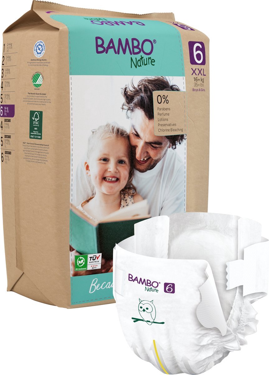 Bambo Nature Luiers Maat 6 - 16 tot 30 kg - 20 Stuks - Milieuvriendelijke Baby Luiers - Huidvriendelijk en Ademend - Hoge Absorptie en Lekbescherming - Zacht Comfort voor Actieve Peuters - Duurzame Keuze voor Dag en Nacht