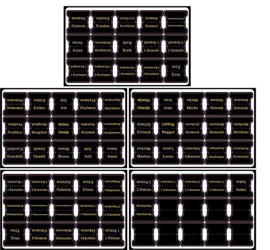 Zwarte zelfklevende bijbel-tabbladen met gouden tekst: Genesis, Exodus, Leviticus, Numeri, Deuteronomium, Jozua, Rechters, Ruth, 1 Samuël, 2 Samuël, Ezra, Esther, Job, Psalmen, Prediker, Hooglied, Jesaja, Jeremia, Klaagliederen, Ezechiël, Daniël, Hosea, Joel, Amos, 1 Koningen, 2 Koningen, 1 Kronieken, 2 Kronieken, Ezra, Nehemia, Esther, Job, Psalmen, Spreuken, Prediker, Hooglied, Jesaja, Jeremia, Klaagliederen, Ezechiël, Daniël, Hosea, Joel, Amos, Obadja, Jona, Micha, Nahum, Habakuk, Haggai, Zacharia, Maleachi, Mattheüs, Zefanja, Jesaja, Zacharia, Maleachi, Mattheüs, Romeinen, 1 Korinthe, 2 Korinthe, Galaten, Efeze, Filippenzen, Kolossensen, 1 Tessalonicenzen, 2 Tessalonicenzen, 1 Timotheüs, 2 Timotheüs, Titus, Filemon, Hebreeën, Jakobus, 1 Petrus, 2 Petrus, 1 Johannes, 2 Johannes, 3 Johannes, Judas, Openbaring.