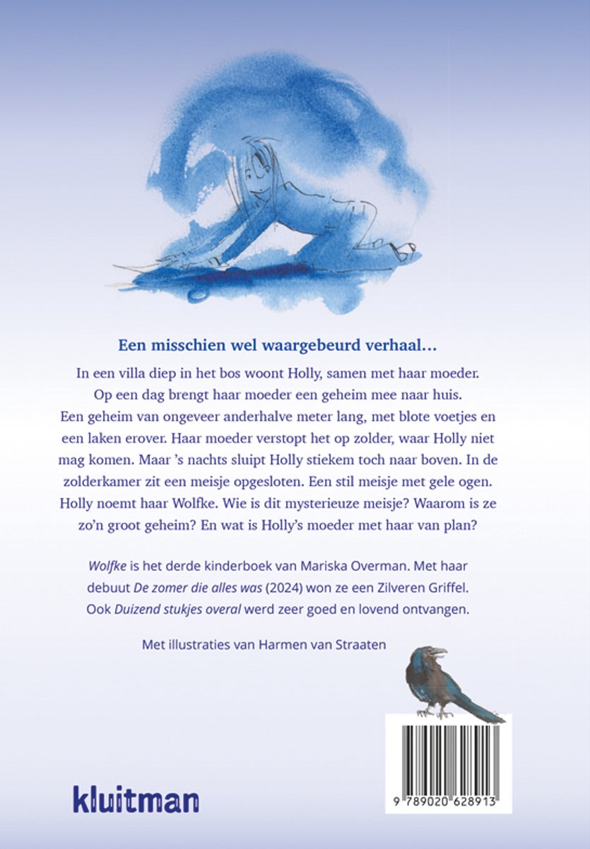 Een meisje kruipt over een zolder, met een blauwe aquarel van de tekenaar.