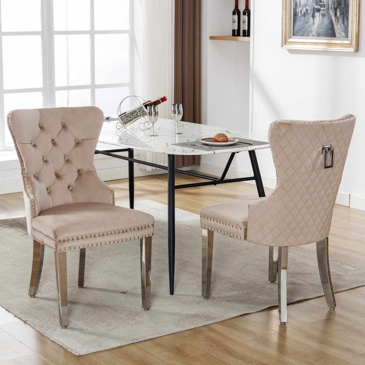 STILVORA Eetkamerstoel Set Van 2 - Fluwelen Bekleding - Met Deurklopper En Siernagels - Metalen Poten - Beige - 62,5×53×94,5 Cm