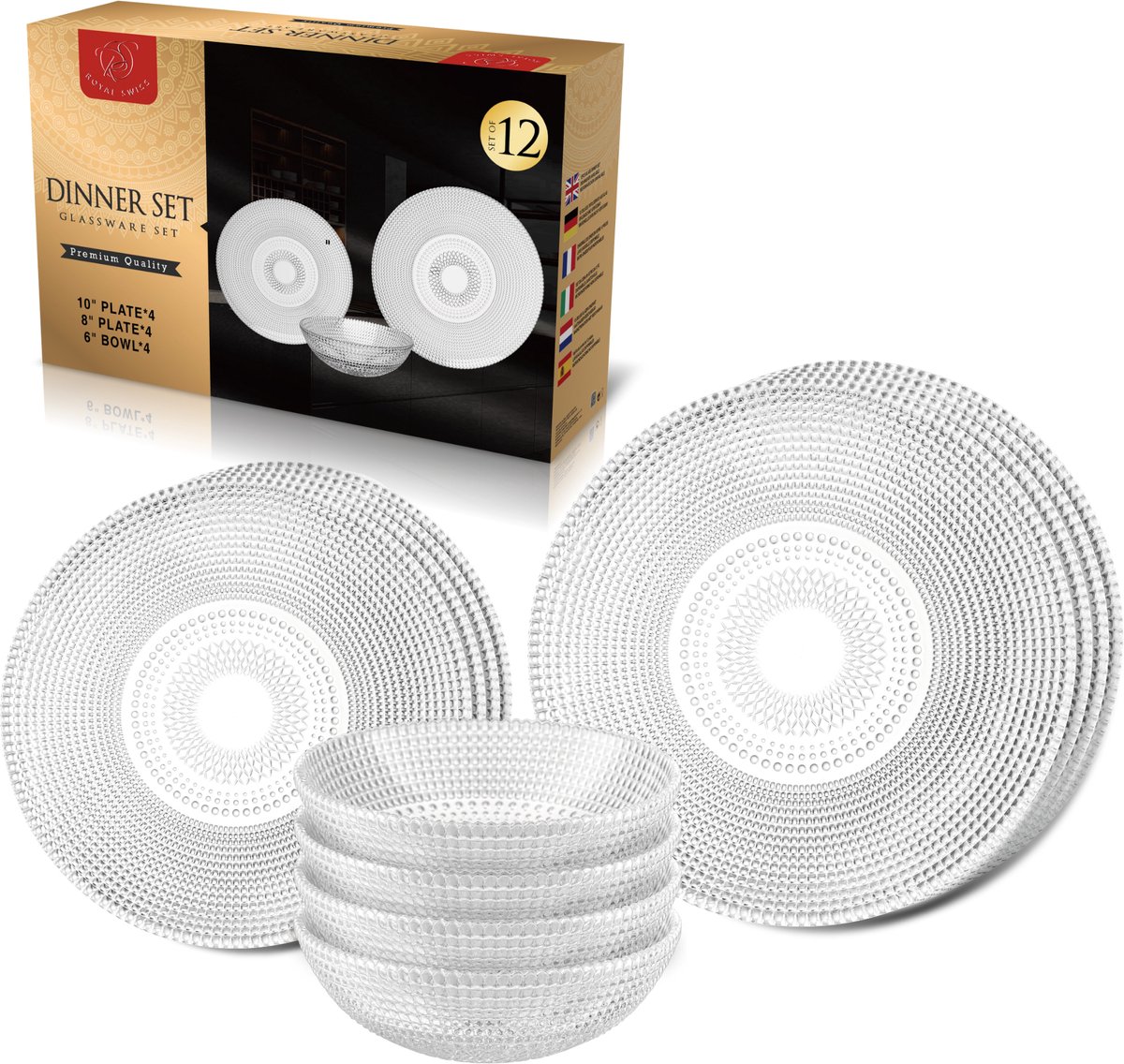 Serviesset 12-delige – Glazen Dinerset – Transparant Servies – 4x Bord 10” + 4x Bord 8” + 4x Kom 6” Royal Swiss
