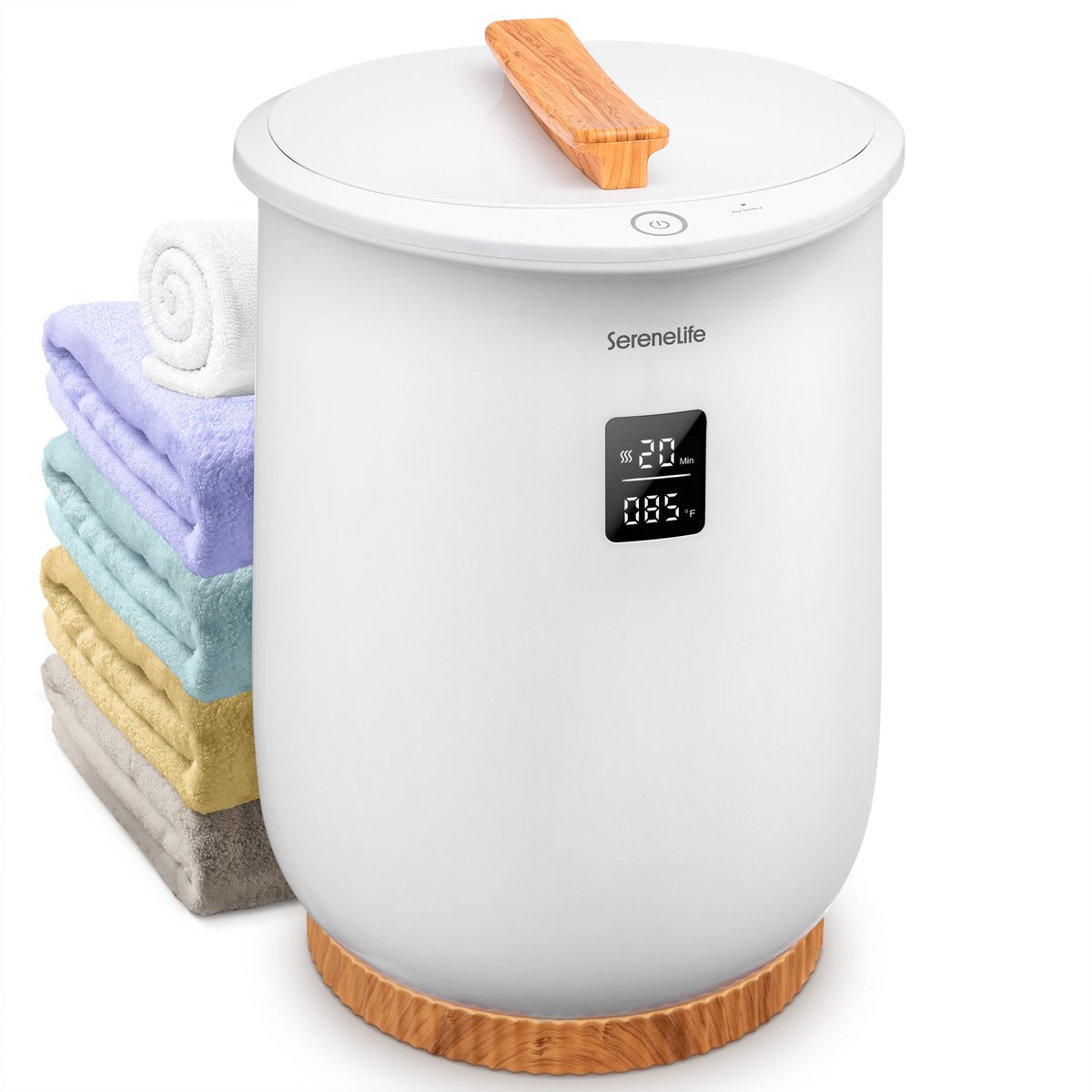 SereneLife Handdoekverwarmer – 20 liter Towel warmer met digitaal display – Instelbare verwarmingstijd van 20–90 minuten en geurhouder –33,0 × 33,0 × 48,3 cm- Wit