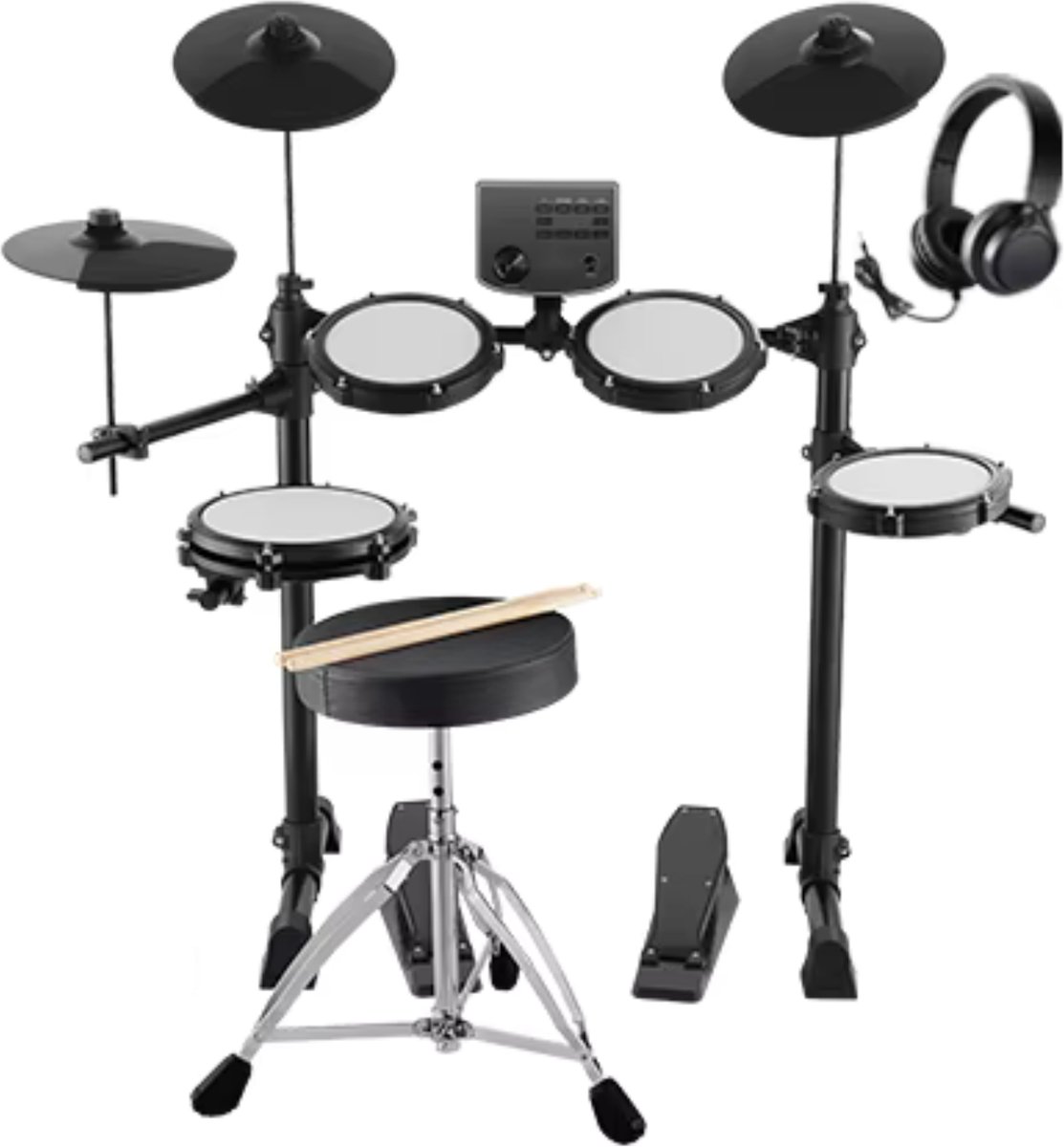 ROOTY Drumstel - drumstel voor kinderen - Drumset - Zwart - 15 Drumkits & 150 Geluiden - Inclusief 2 drumsticks, drumkruk en koptelefoon