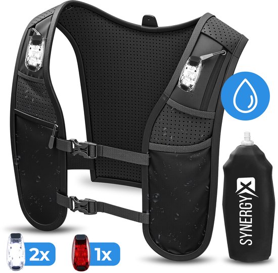 SynergyX Hardloopvest met Verlichting - Reflecterend Loopvest met Waterfles - Waterdichte Telefoonzak - Wandelvest met Verlichting Voor- en Achterkant - Reflecterend Running Vest - Dames & Heren