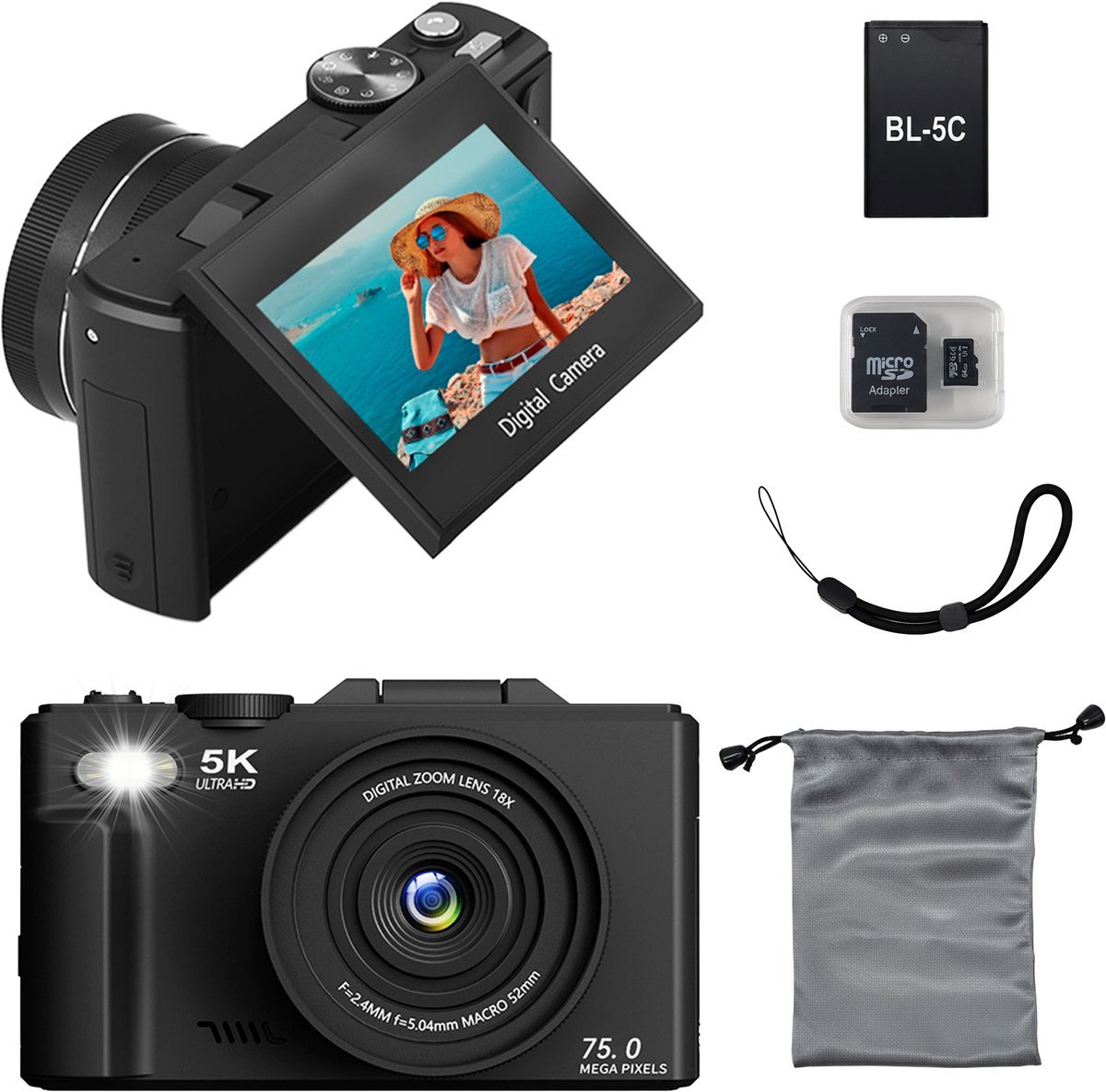 Zenergy Camera 5K - Videocamera - 4K 60FPS - 75MP - Fotocamera - Film Camera - Videorecorder - Camcorder - Incl. 64GB