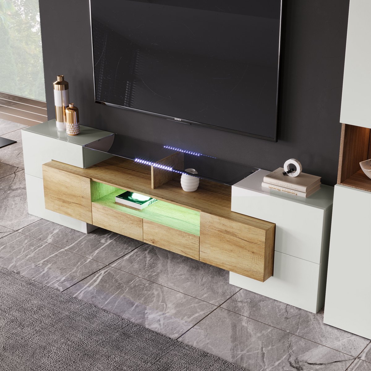 OKWISH Tv Meubel - Hoogglans - Met Ledverlichting - Woonkamer - Mdf Wit Met Houtlook - 200x35x60 Cm