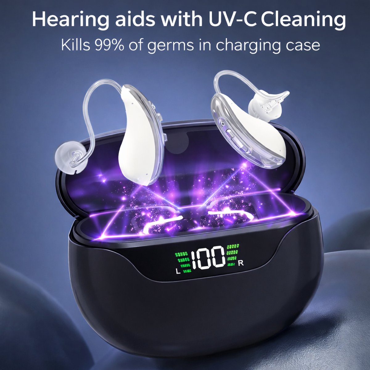 WizBay Premium Select® DSP Digitaal Gehoorapparaat - AHO - Set van 2 - 16-kanaals DSP - UV-desinfectie - Tinnitus Masking - Oplaadcase - Grijs