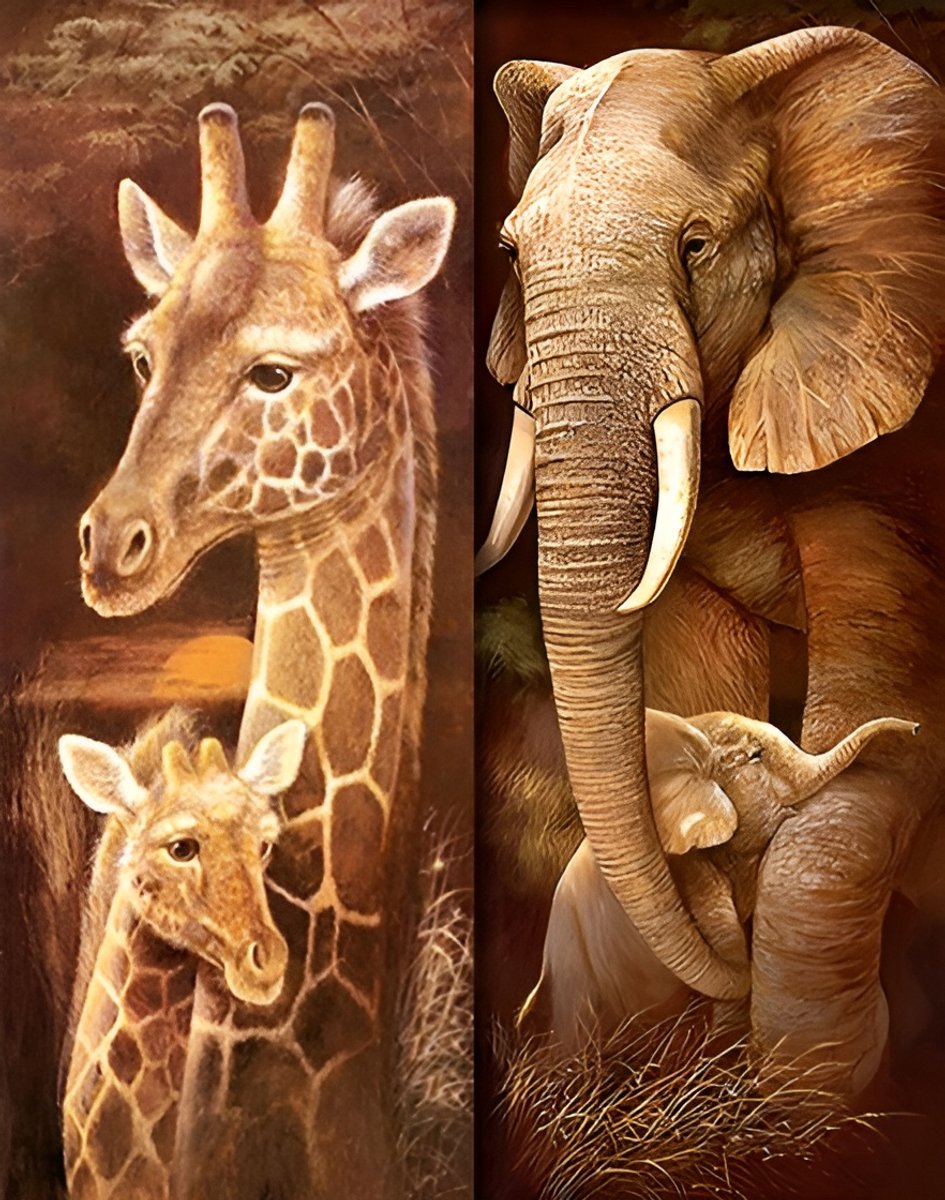 Diamond painting 2 luik - Giraffe en olifant - 2x 30x70cm - vierkante steentjes - volledig beplakt - Diamond painting by Wietske