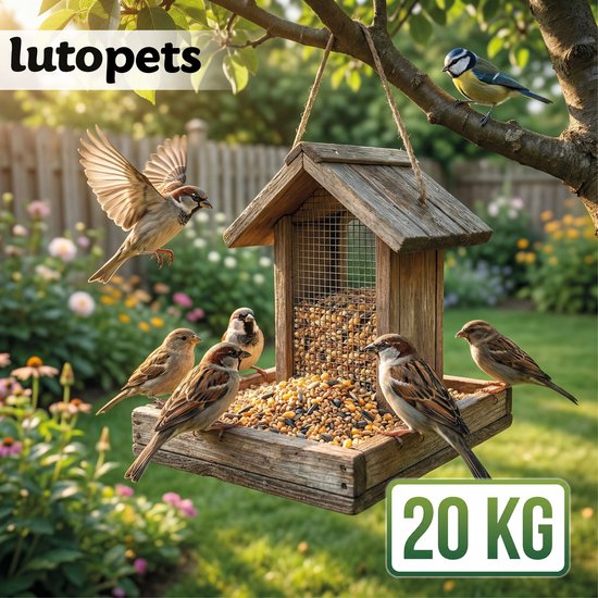 Veel mussen en een pimpelmees op een houten vogelvoederhuis gevuld met 20kg strooivoer.