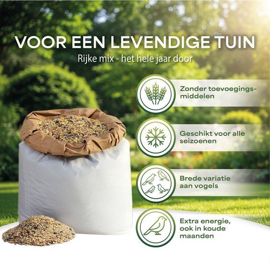 Zak met 20kg strooivoer voor een levendige tuin. Rijke mix voor het hele jaar, zonder toevoegingsmiddelen.