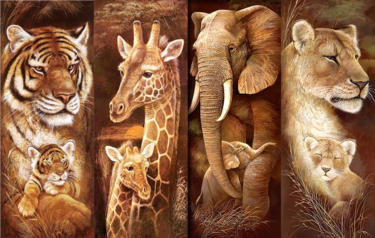 Diamond painting 4 luik - Giraffe, leeuw, olifant en tijger - 4x 30x70cm - vierkante steentjes - volledig beplakt - Diamond painting by Wietske