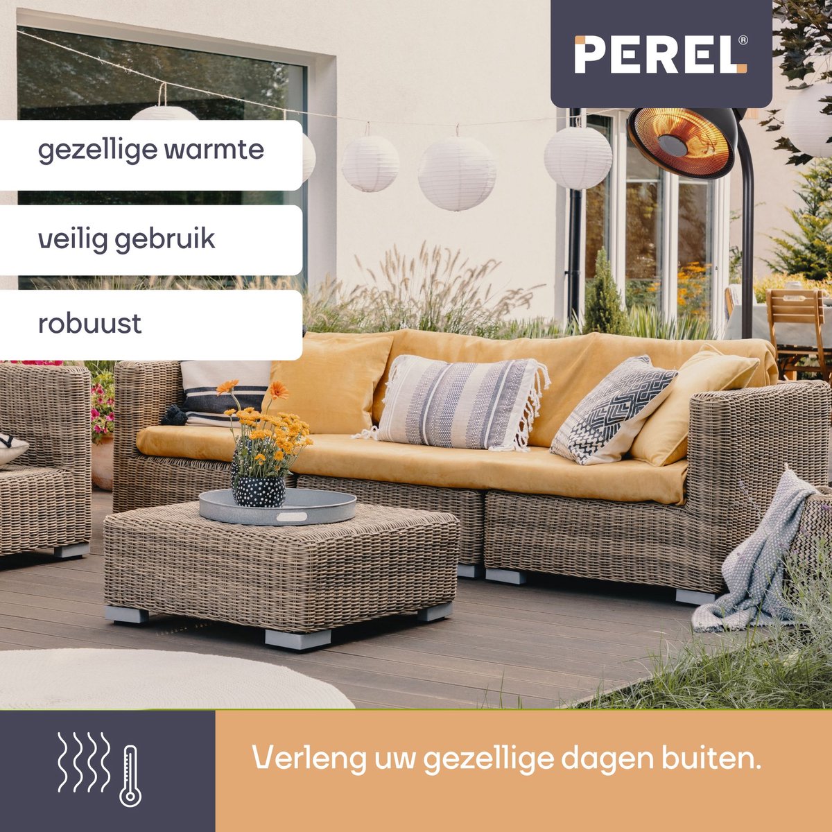Perel - Staande Terrasverwarmer - Terrasverwarming - Lantaarnpaal - Warmtestraler - Trekschakelaar, Kantelbeveiliging, 3 Warmtestanden - in Hoogte Verstelbaar - Patioverwarming - Veranda Heater - Spatwaterbestendig - Warmtelamp voor Terras - 2000 W – foto 4