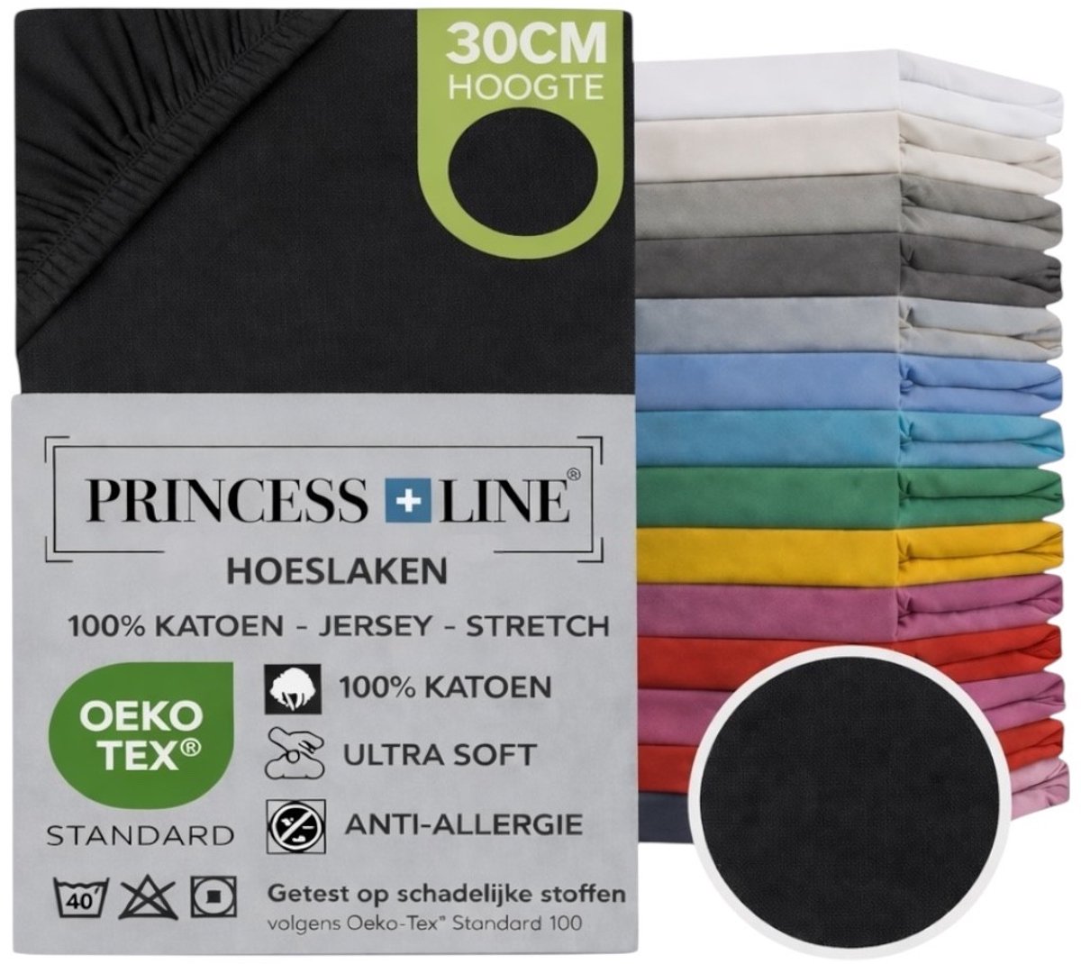 Princess Line- Comfortabel Ultra-Soft-Hoeslaken -100% katoen-Jersey -Stretch -Strijkvrij- Rondom elastiek-Hoekhoogte tot 30cm-Eenpersoons -90x200-Zwart