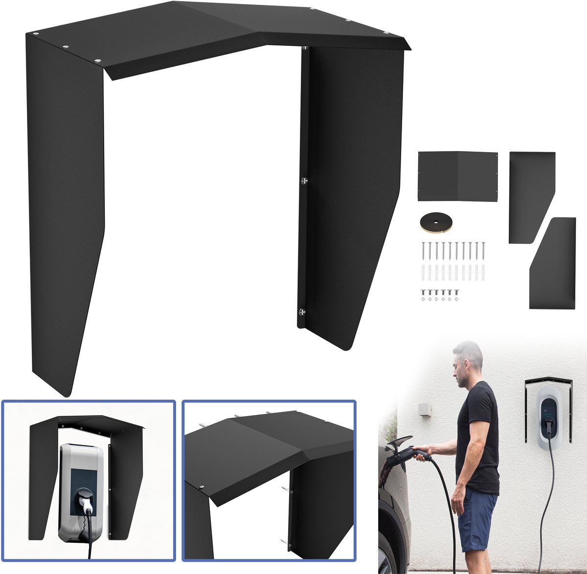 Froadp Wallbox weerbescherming van ijzer Weerbescherming voor Wallbox Beschermdak voor e-auto laadstation Regenbescherming Zonbescherming UV-bescherming Weerbeschermingsdak voor elektrische auto-laadstation 40 x 25 x 45,5 cm