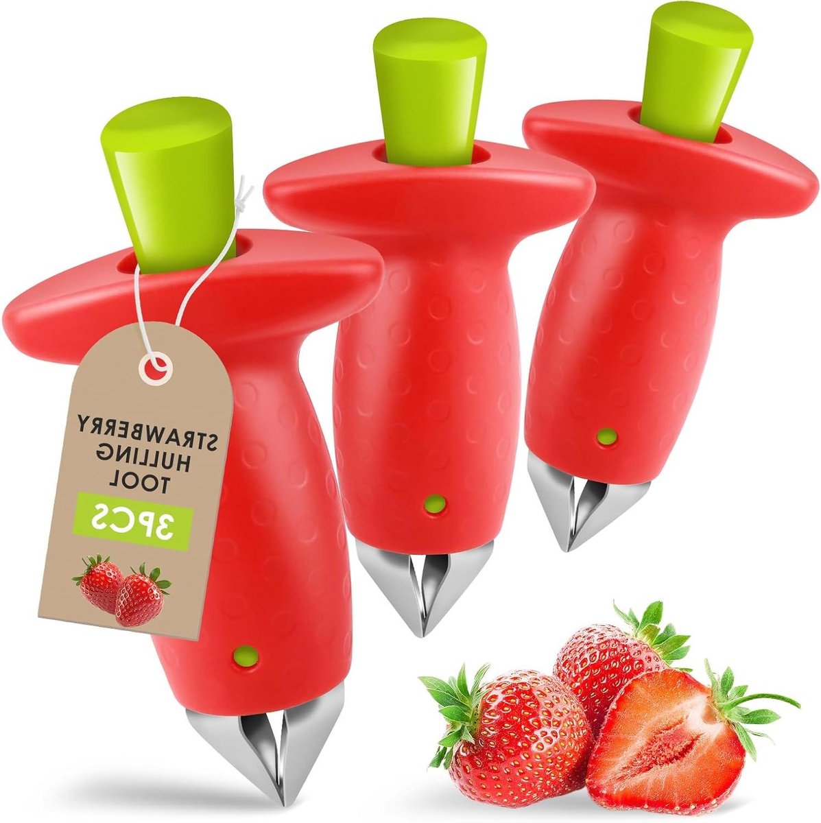Aardbeihendel 3-pack - Stelen verwijderen - Roestvrij staal - Rood