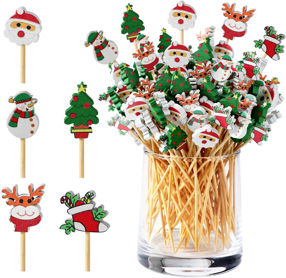 200 Kerst Cocktail Prikkers - Houten Spiesjes voor Hapjes, Fruit en Drankjes (12 cm)