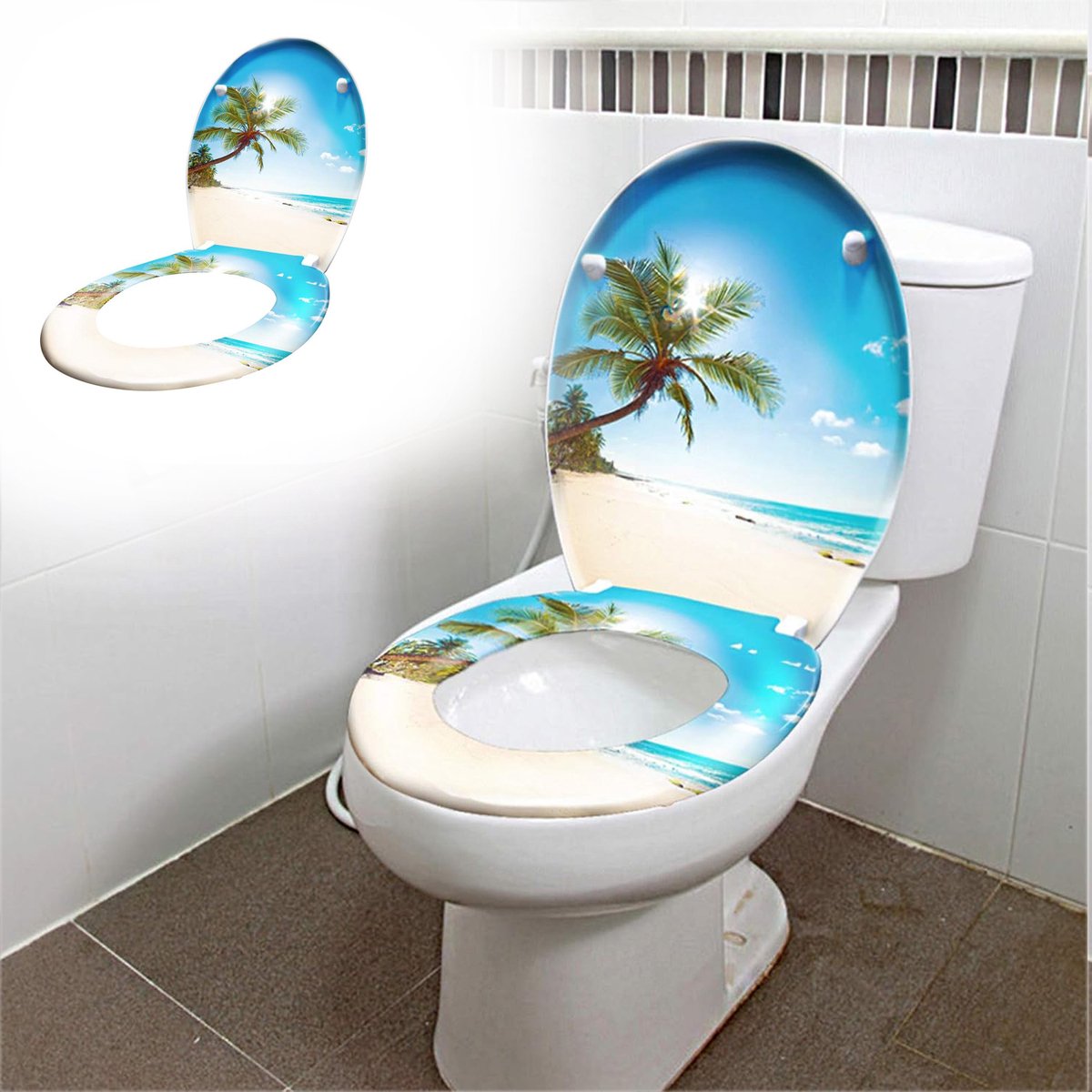 Aufun Toiletbril met Softclose - Zonneschijn strandpatroon - 45 x 38cm - WC-Bril van MDF met Thermohardend Deksel