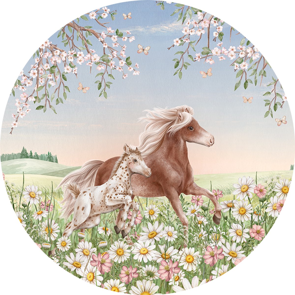 Muursticker - Wanddecoratie - kinderkamer - babykamer - meisjes - ø 100 cm - Happy Horses - Paarden - Behangcirkel